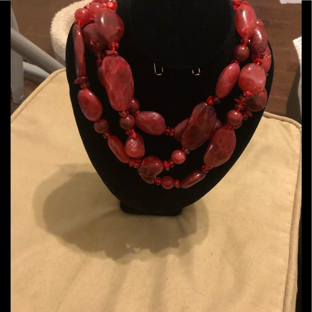 Red 3 Strand Stone Necklace & Earrings Set